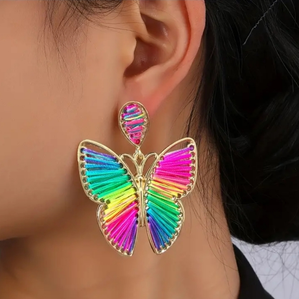 NWT! Bohemian Style Woven Multicolor Butterfly Earrings